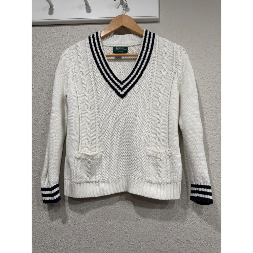 VTG Lauren Ralph Lauren Cricket Sweater P/M Cable Knit Preppy Old Money Tennis